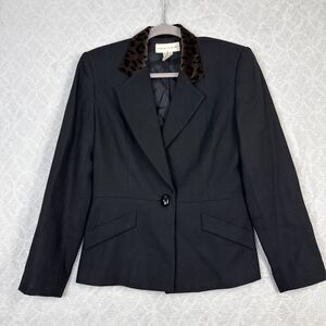Vtg Wool Blazer Jacket Women 6 Black Leopard Velvet Collar Mobwife The Nanny 90s